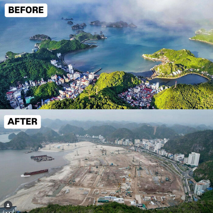 Aerial comparison showing environmental destruction and urban hell caused by construction replacing lush green areas near water.