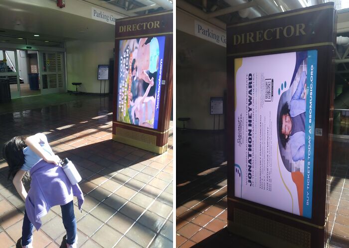 Child bending over in front of a digital advertising display showing unattainable body portrayal in marketing fails.
