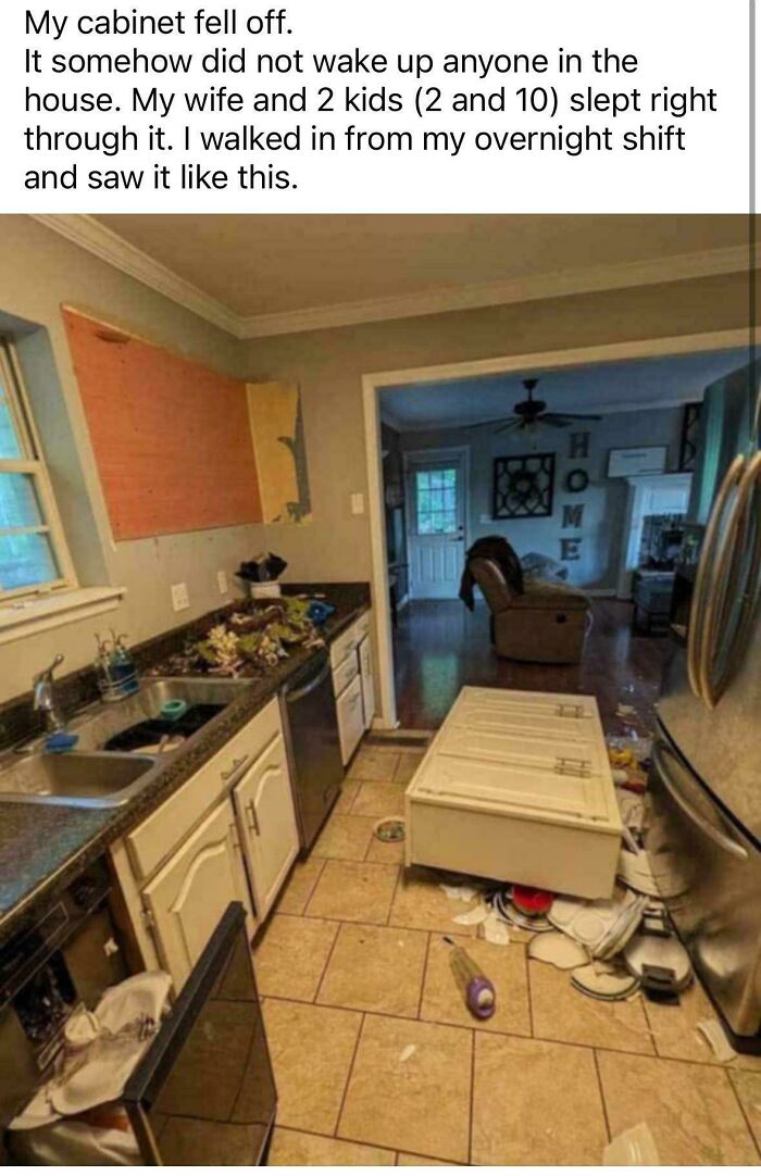 A kitchen scene depicting a fallen cabinet, broken dishes, and general disarray, illustrating accidents and fails that look expensive.