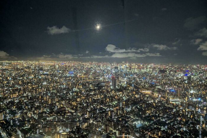 A sprawling cityscape at night, an extremely large view of urban lights stretching to the horizon under a moonlit sky.