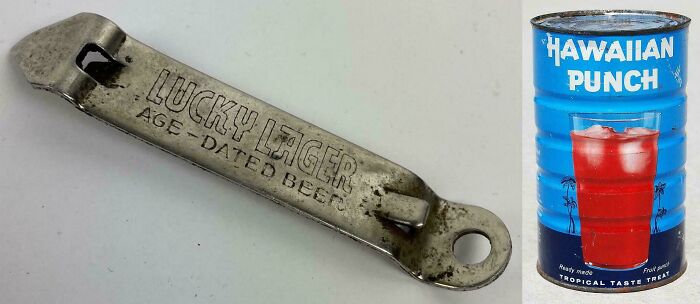 Old metal Lucky Lager bottle opener and vintage Hawaiian Punch can, nostalgic items showing signs of age and wear.