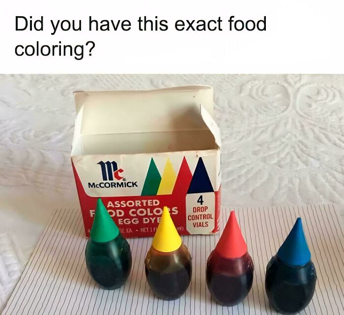 Vintage McCormick food coloring kit with four dropper bottles in green, yellow, red, and blue nostalgic pics
