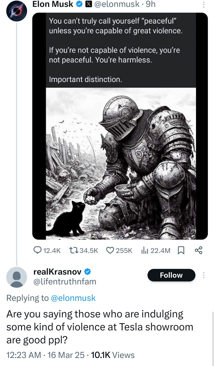 Elon Musk tweet on peace and violence with knight feeding a cat, part of hilariously random posts that get funnier.