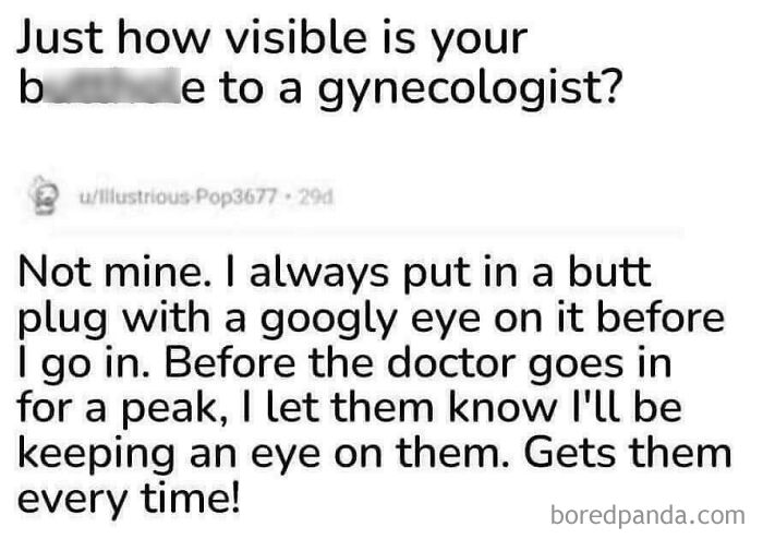 Text post humor about gynecologist visit with a funny b**t plug prank, part of hilariously random posts that get funnier.