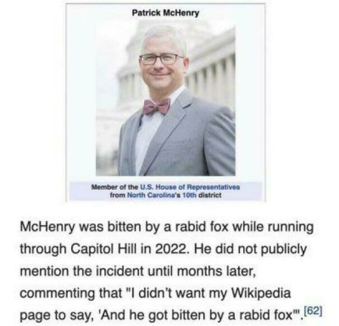 Patrick McHenry in a suit with glasses and bow tie, with a humorous story about a rabid fox bite on Capitol Hill.