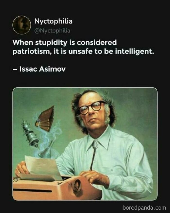 Quote about stupidity and intelligence by Issac Asimov with a vintage-style portrait, related to hilariously random posts.