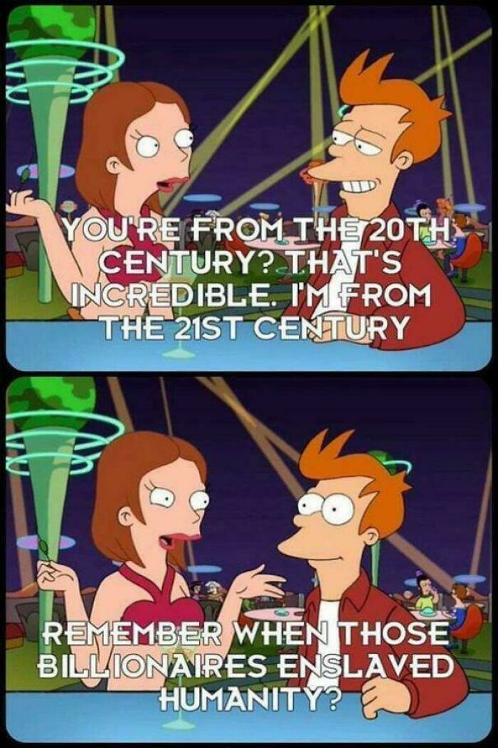 Cartoon characters in a futuristic setting with text about 20th and 21st century, a random post that gets funnier with less sense.