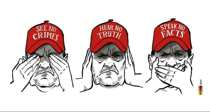 Illustration of three men wearing red hats with phrases see no crimes, hear no truth, speak no facts in a humorous random post style.