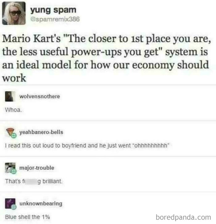 Screenshot of a random funny post discussing Mario Kart's power-up system as a model for the economy in a humorous way.