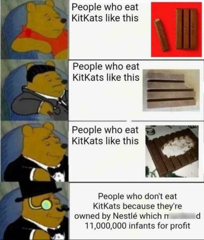 Meme showing different ways people eat KitKats with humorous captions, part of hilariously random posts collection.