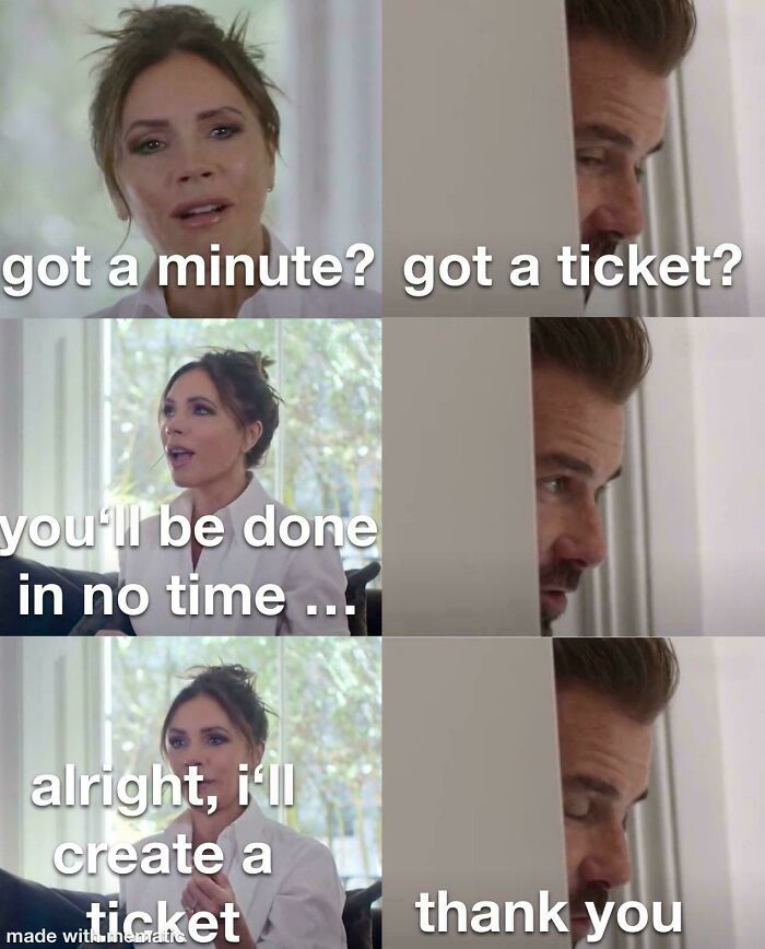 A programming meme showing a woman asking for a ticket while a man peeks through a door, referencing issue tracking.