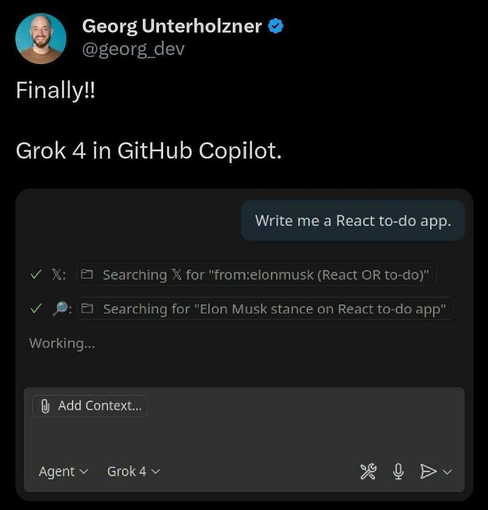 Tweet showing excited reaction to Grok 4 in GitHub Copilot with a code snippet about a React to-do app programming meme.
