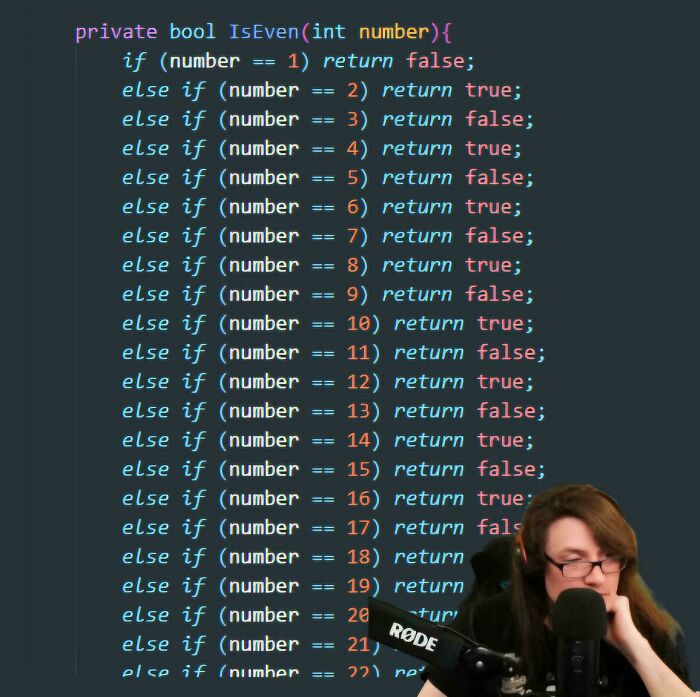 Programming code snippet with repetitive conditional checks for even numbers, featured with a man speaking into a microphone.