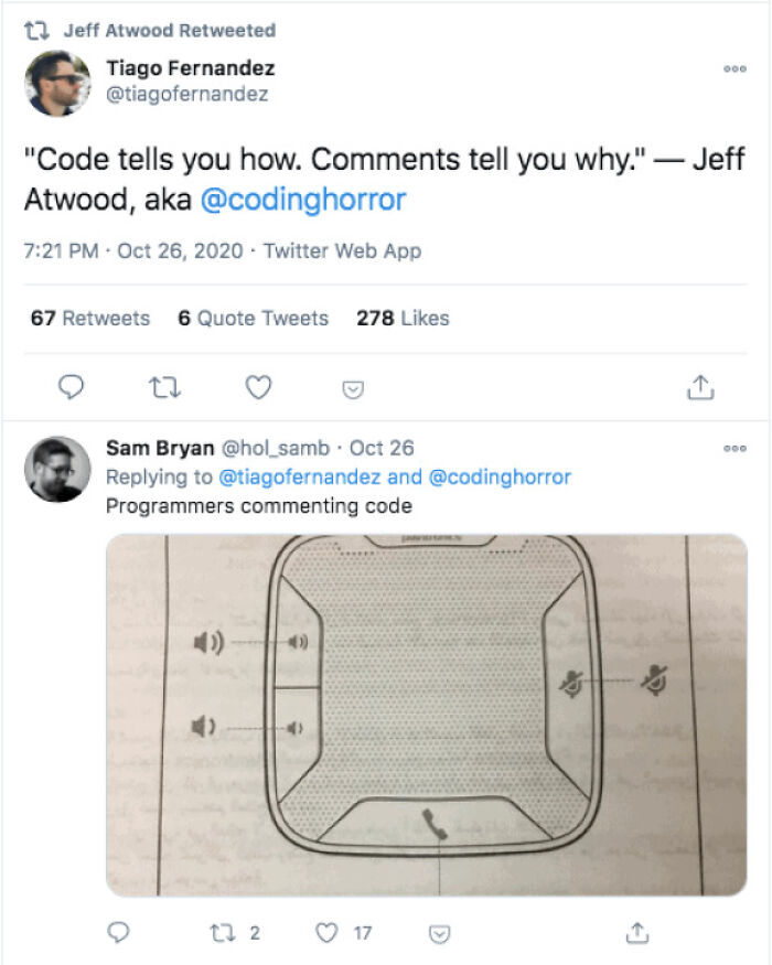 Twitter screenshot showing a programming meme about how comments explain why code works, related to programming and computer science.