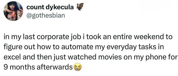 Programming and computer science meme about automating tasks in Excel but procrastinating afterwards for months.