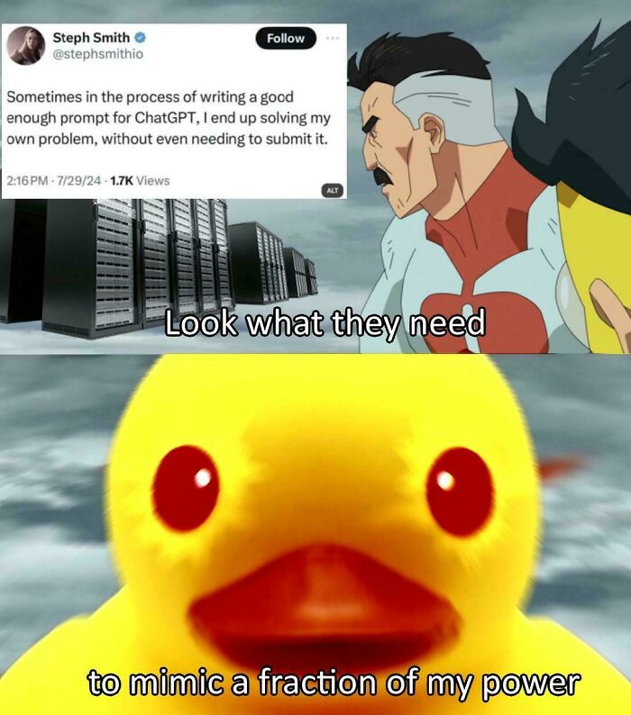 Programming and computer science meme showing a humorous take on solving problems with AI and power comparison.