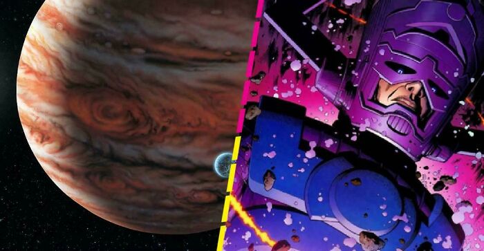 Split image showing a detailed planet and a giant purple robot character from a bad movie with confusing details.