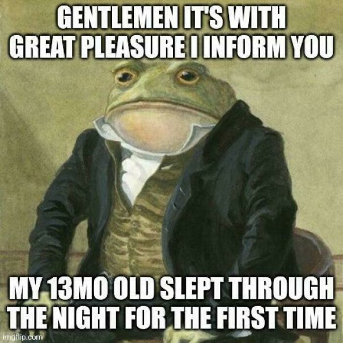 Illustration of a frog in formal attire humorously celebrating a toddler sleeping through the night parenting moment.