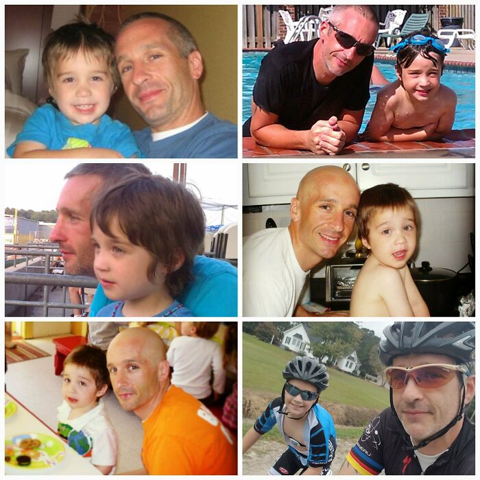 Collage of dads bonding with kids showing wholesome parenting moments outdoors and indoors in everyday family settings.