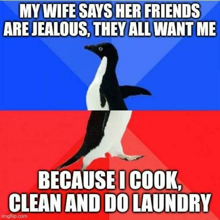 Penguin meme humorously highlighting dads doing their best parenting moments by cooking, cleaning, and doing laundry.