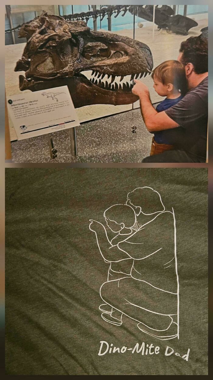 Dad and child exploring a dinosaur exhibit together, showcasing wholesome parenting moments and bonding time.