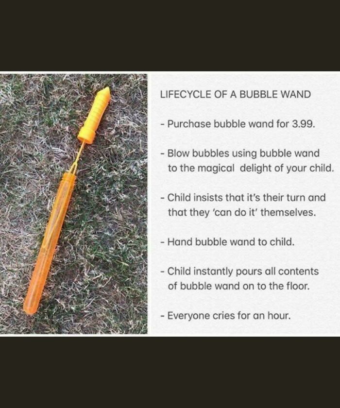 Bubble wand lying on grass beside text describing playful parenting moments with children and their curious bubble wand mishaps.