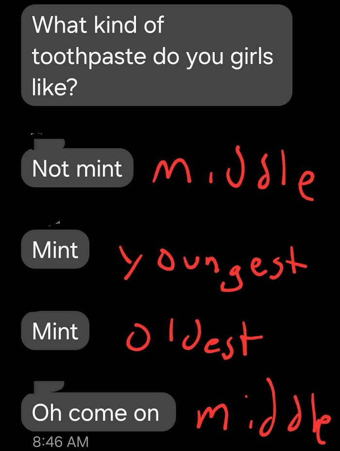 Text message exchange showing playful dad humor with children about toothpaste preferences, highlighting wholesome parenting moments.