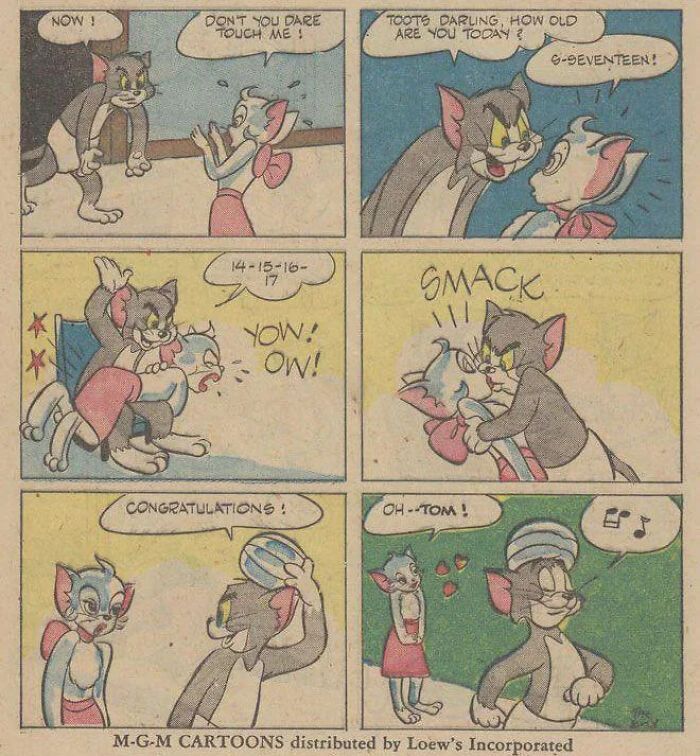 Classic cartoon panels showing Tom and a female cat, highlighting humor and misunderstandings from male authors about women.
