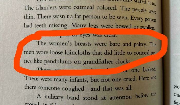 Close-up of a book page showing a misinformed male author's description of women’s breasts and men’s clothing.