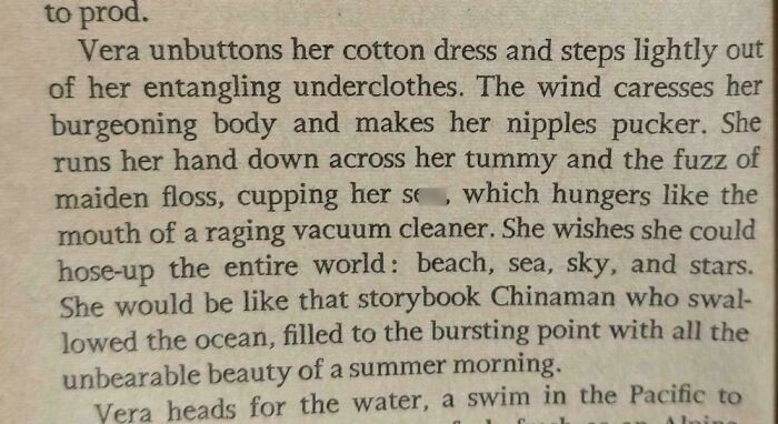 Close-up of book text illustrating how male authors barely know anything about women through awkward descriptions.