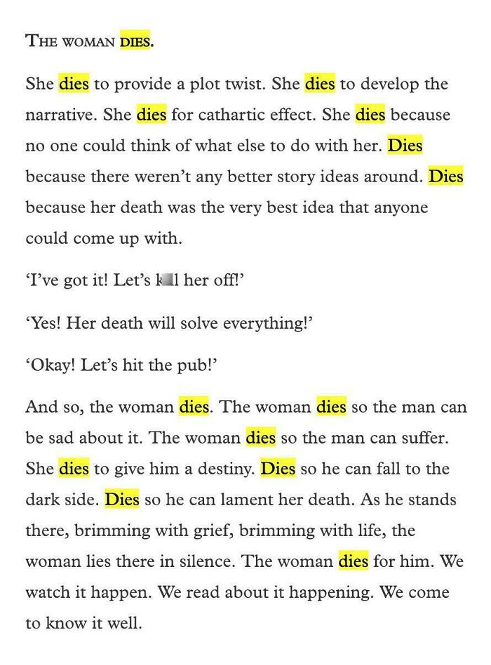 Excerpt highlighting repeated use of the word dies, illustrating male authors' misunderstanding of women in writing.