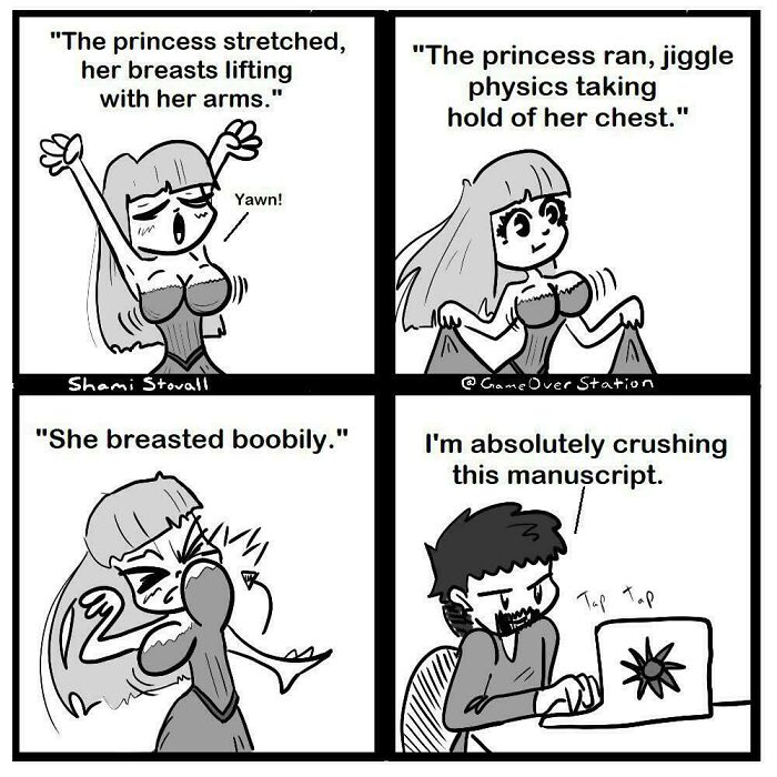 Comic panels humorously depicting clueless male authors writing awkward descriptions of women’s bodies and a man crushing his manuscript.