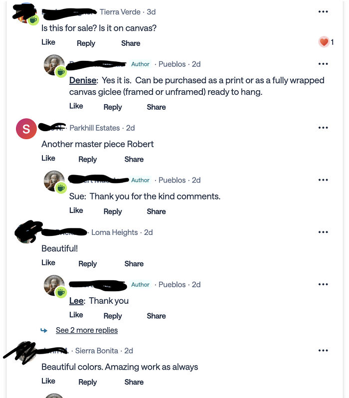 Comments on an art post from a neighbors app showing offers for canvas prints and praise for the artist’s work.