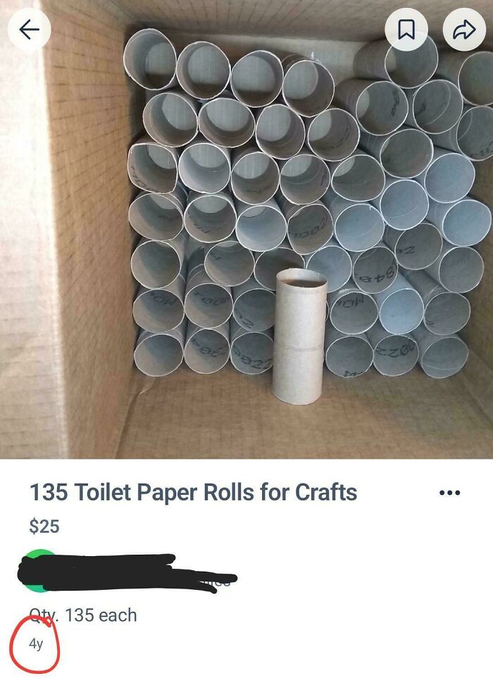 Box of 135 empty toilet paper rolls for crafts, posted on a neighbors app marketplace for sale.