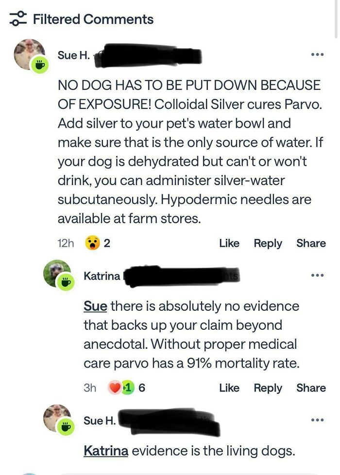 Screenshot of a wild neighbor post debating colloidal silver as a cure for parvo in a neighbors app discussion.