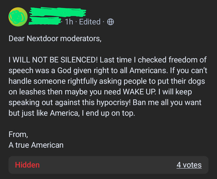 Screenshot of a wild post from an app dedicated to neighbors, featuring a heated message about freedom of speech and dog leashes.