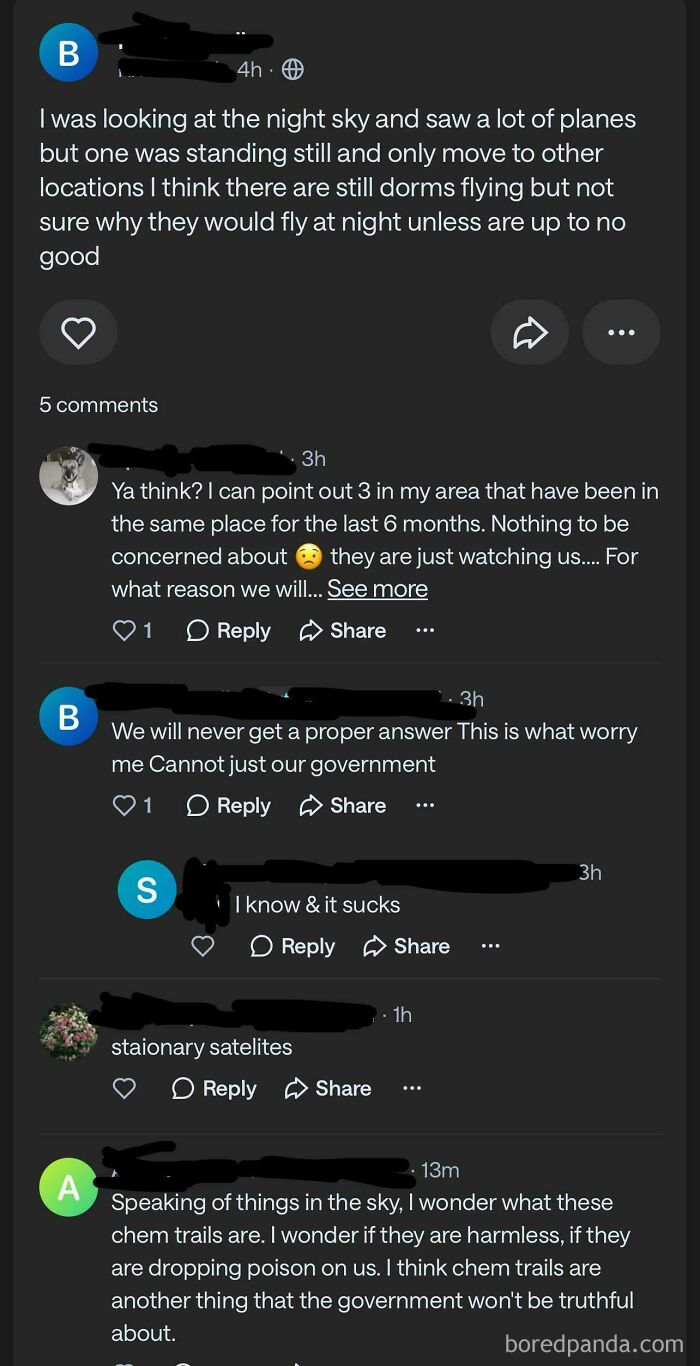 Screenshot of a conversation on the neighbors app discussing unusual night sky sightings and concerns about government secrecy.