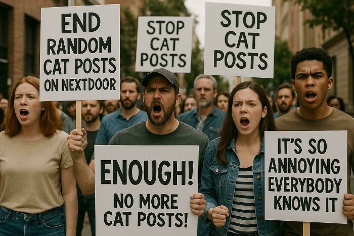 Group of neighbors protesting with signs demanding an end to random cat posts on the community app Nextdoor.
