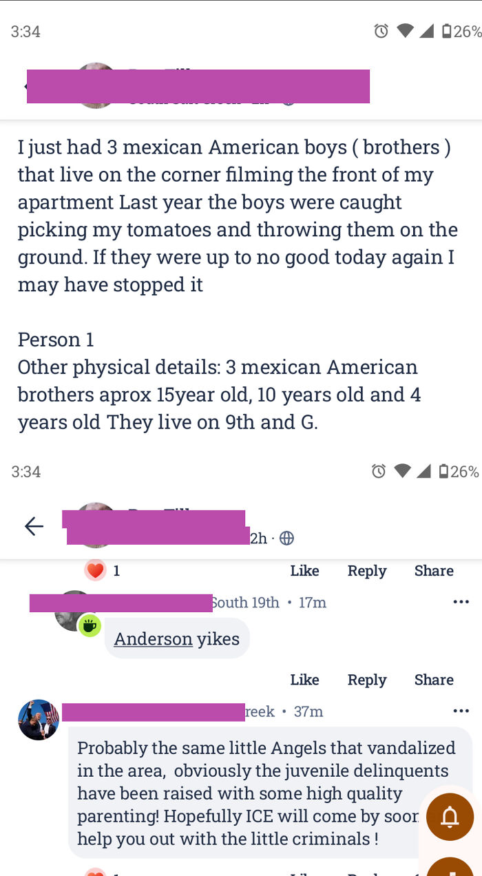 Screenshot of a wild post on a neighbors app showing a complaint about local kids vandalizing and filming an apartment.