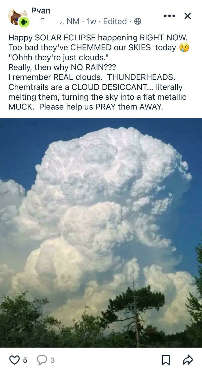 Screenshot of a wild neighbor post claiming chemtrails cause metallic clouds during a solar eclipse with a dramatic sky view.