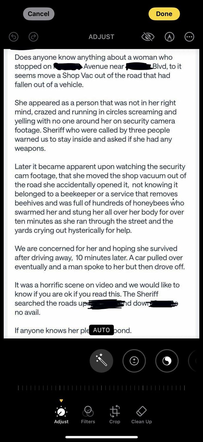 Screenshot of a wild neighbor post describing a woman moving a shop vacuum and causing a bee swarm incident.