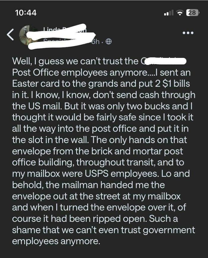 Screenshot of a wild neighbor app post about trust issues with USPS employees and mail tampering incidents.
