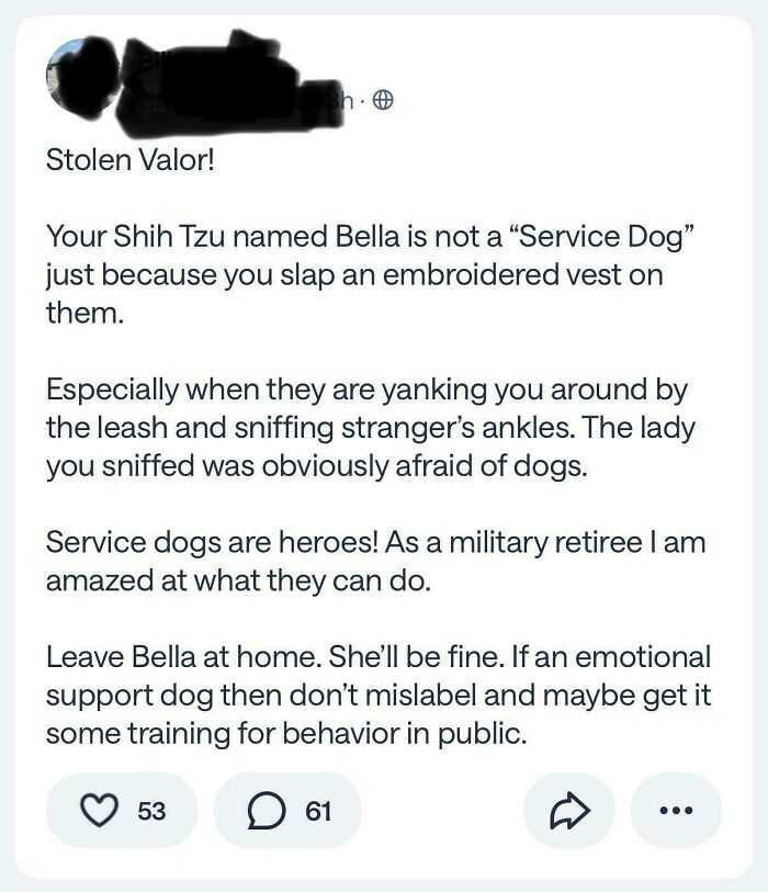 Screenshot of a wild post from an app dedicated to neighbors discussing misuse of service dog labels.