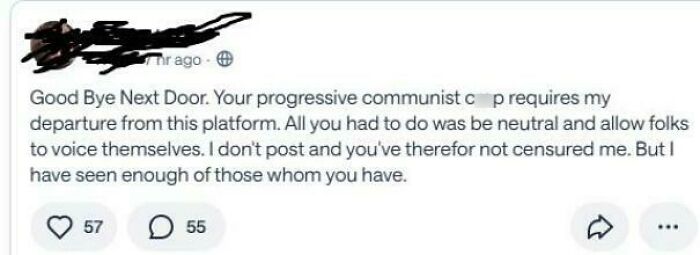 Screenshot of a wild post from a neighbors app showing a user expressing frustration and leaving the platform.