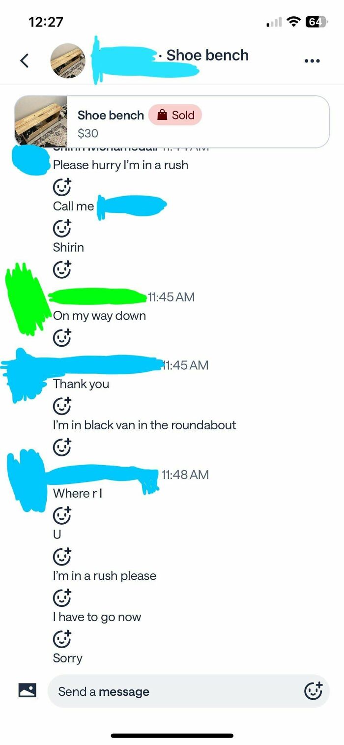 Chat conversation about a shoe bench sale on a neighbors app, showing urgency and coordination between users.