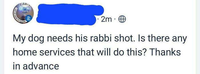 Screenshot of a wild neighbor app post asking for home services to give a dog a rabbi shot.