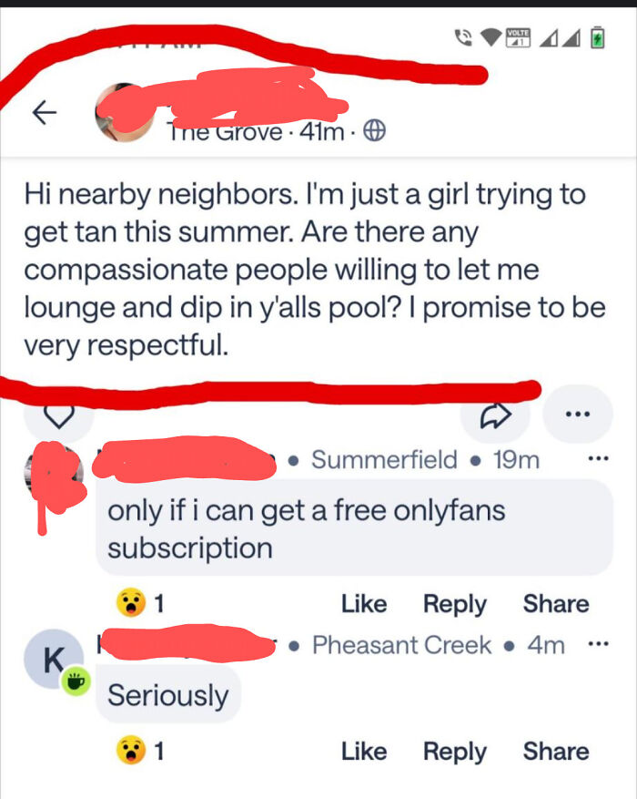 Screenshot of a wild post on a neighbors app requesting pool access with humorous replies from nearby users.