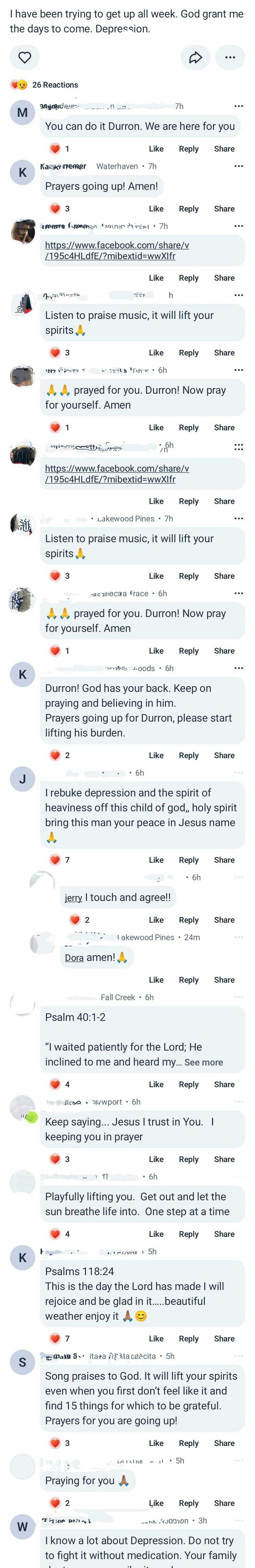 Screenshots of neighbors’ supportive posts with prayers and encouragement for depression and mental health challenges.