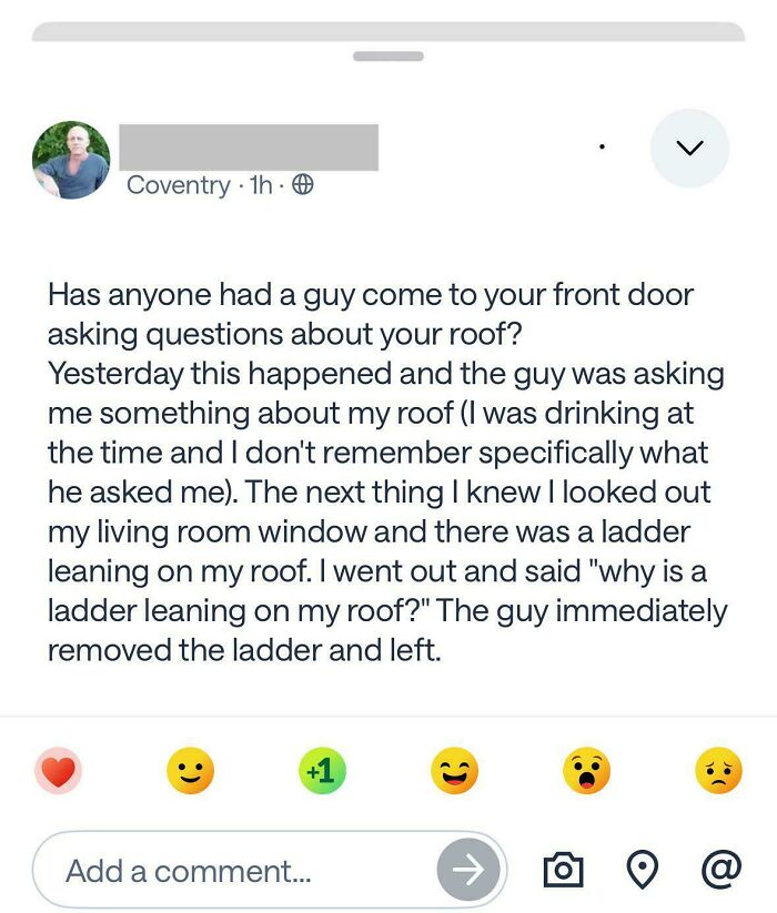 Screenshot of a neighbor’s post asking about a suspicious man with a ladder on their roof shared on a neighbors app.