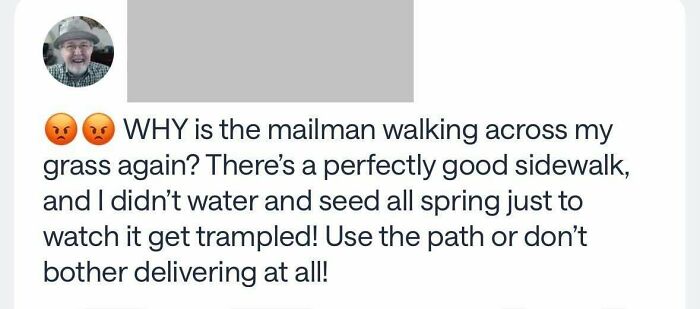 Screenshot of a wild post from a neighbors app complaining about the mailman walking on freshly seeded grass.